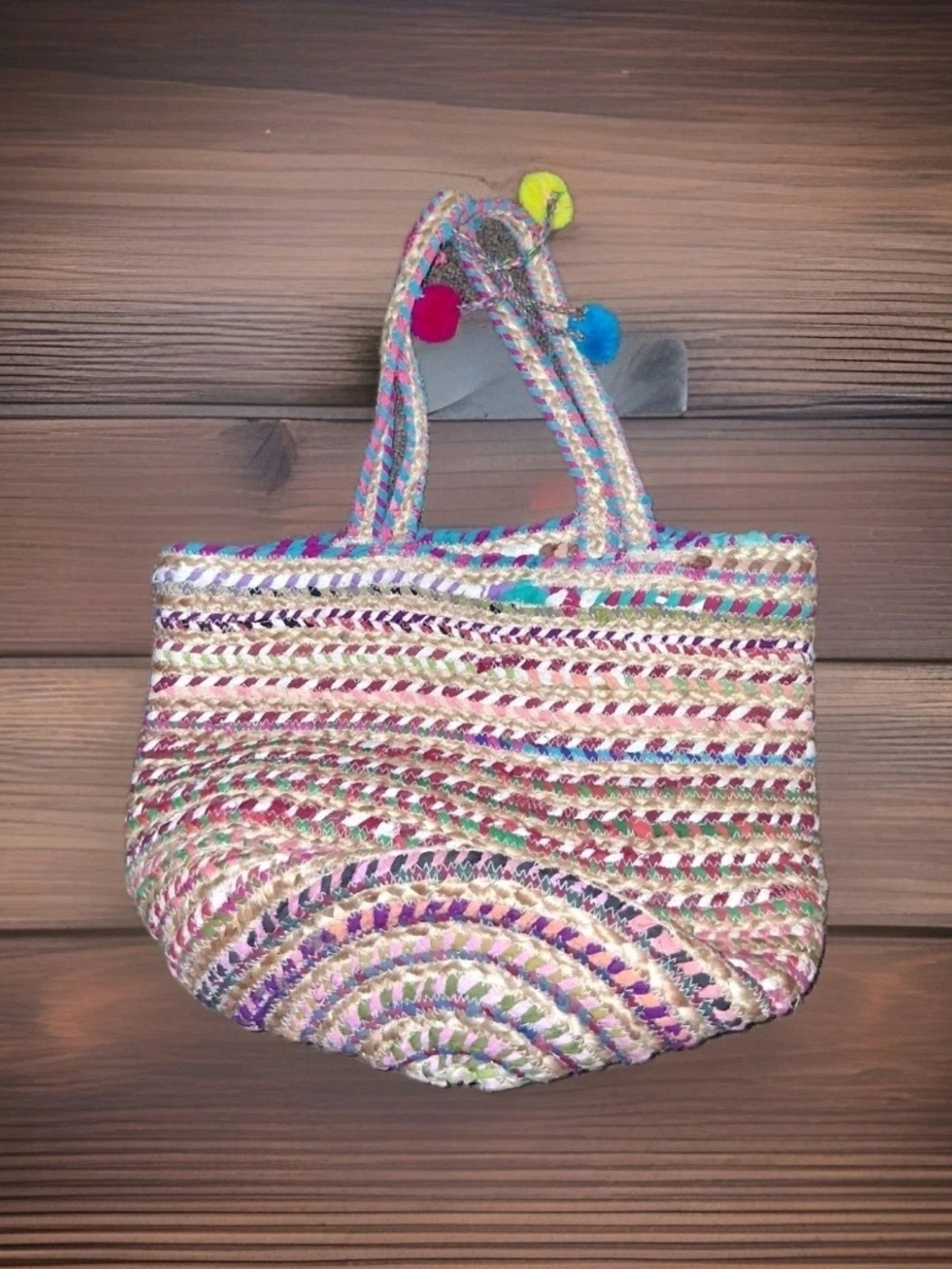 America and Beyond BigTote Colorful HAND MADE B Woven Tote with Pom Pom Accents